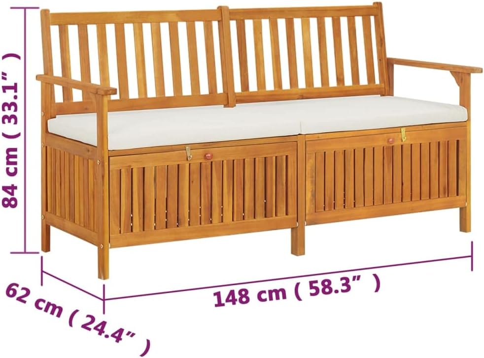 Solid Acacia Wood Patio Storage Bench with Cushion, 58.3 Inch Indoor Outdoor Seating and Organizer