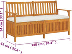 Solid Acacia Wood Patio Storage Bench with Cushion, 58.3 Inch Indoor Outdoor Seating and Organizer