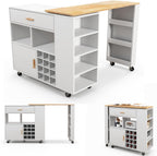 Giantex Mobile Kitchen Island Cart, 4-in-1 Reversible Serving Cart Bar Table Combo, Storage Cart on Wheels w/Rubber Wood Top, Adjustable Shelf, 12-Bottle Wine Rack, Spice Rack for Dining Room, White