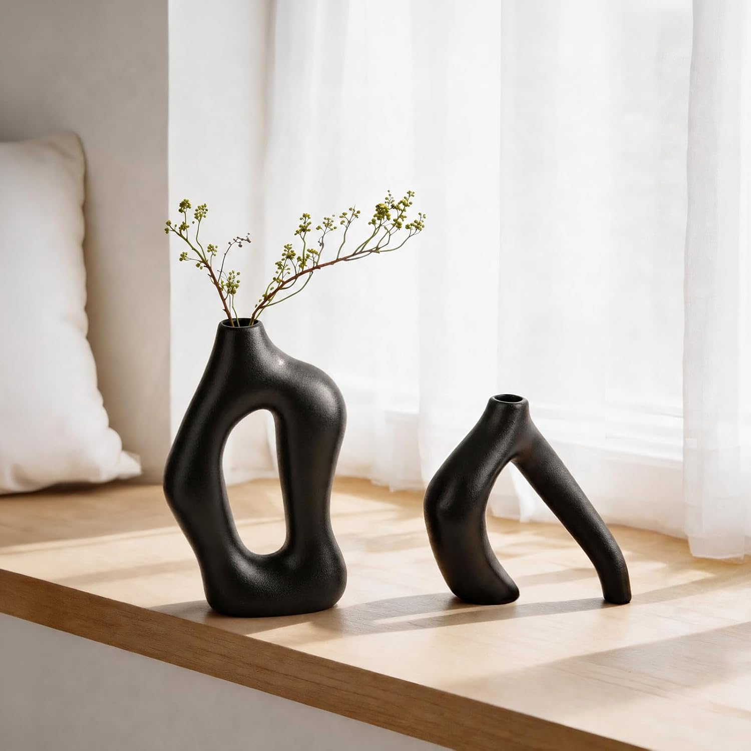 Dowan Black Vases for Decor,Hollow Ceramic Vase Set of 2,7.6" Nordic Modern Boho ins Style Decorative Ceramic Aesthetic Flower Vase for Home Decor Modern Minimalist Table, Entryway Centerpieces
