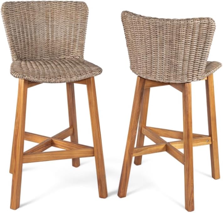 Saiveina Lymington Outdoor Bar Stool, Teak Finished Wood with Light Brown Wicker, Set of 2