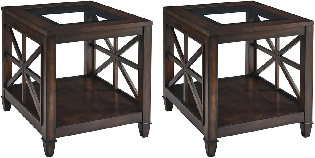 Set of 2 Large Solid Wood End Tables with Tempered Glass Top, 28" x 24" Farmhouse Side Tables, Vintage Walnut for Living Room, Bedroom, Office