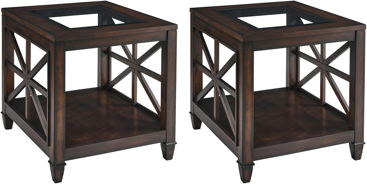 Set of 2 Large Solid Wood End Tables with Tempered Glass Top, 28" x 24" Farmhouse Side Tables, Vintage Walnut for Living Room, Bedroom, Office