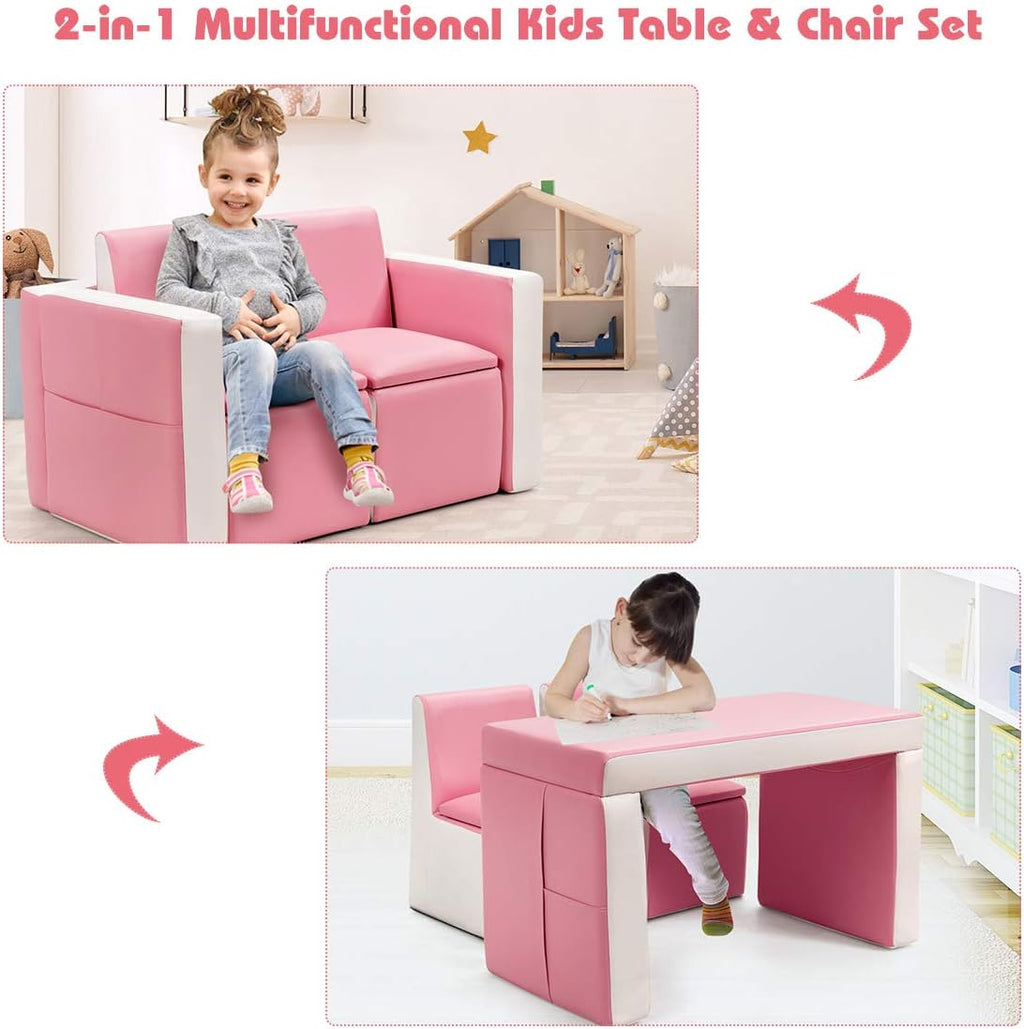 Costzon Kids Couch, 2 in 1 Double Seat Children's Sofa Convert to Table and Two Chairs for School, Storage Space, PVC Surface, Large Soft Kids Preschool Sofa Couch for Boys Girls Gifts (Pink)