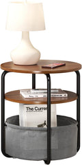 GarveeHome Small Side Table for Small Spaces with Storage Basket, Round End Table 3-Tier Nightstand 23.6" h Vintage Sofa Corner Table for Living Room, Bedroom, Patio Nursery, Bathroom