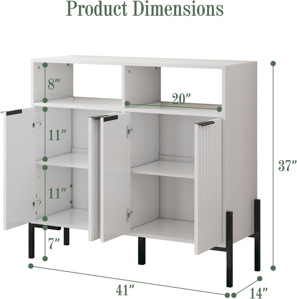 White Buffet Cabinet with Storage, Fluted Storage Cabinet with Doors & Adjustable Shelves, Solid Wood TV Stand Credenza for Kitchen Dining Room, 41"L x 14"D x 37"H Easy Assembly Kitchen Sideboard