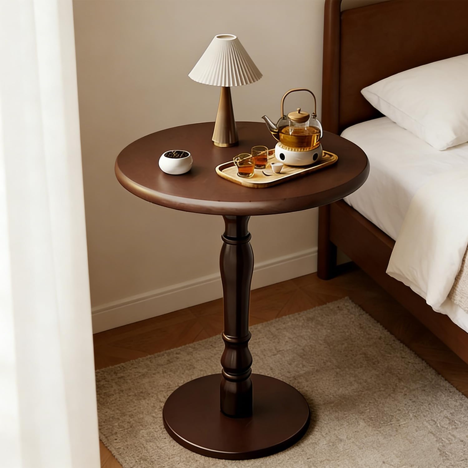 YUNMUARY-Vintage Round End Table with Storage Solid Wood Bedside Tables Wooden End Tables Circle Nightstands Living Room Side Table for Small Spaces Bedroom Side Tables Modern Coffee Table for Balcony