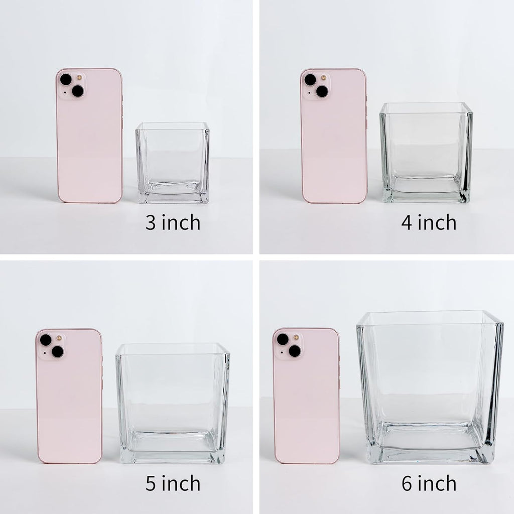 1 Pack Square Glass Vase 4" x 4" x 4", Clear Flower Vase for Centerpieces, Candle Holder for Wedding Party Events, Home Décor