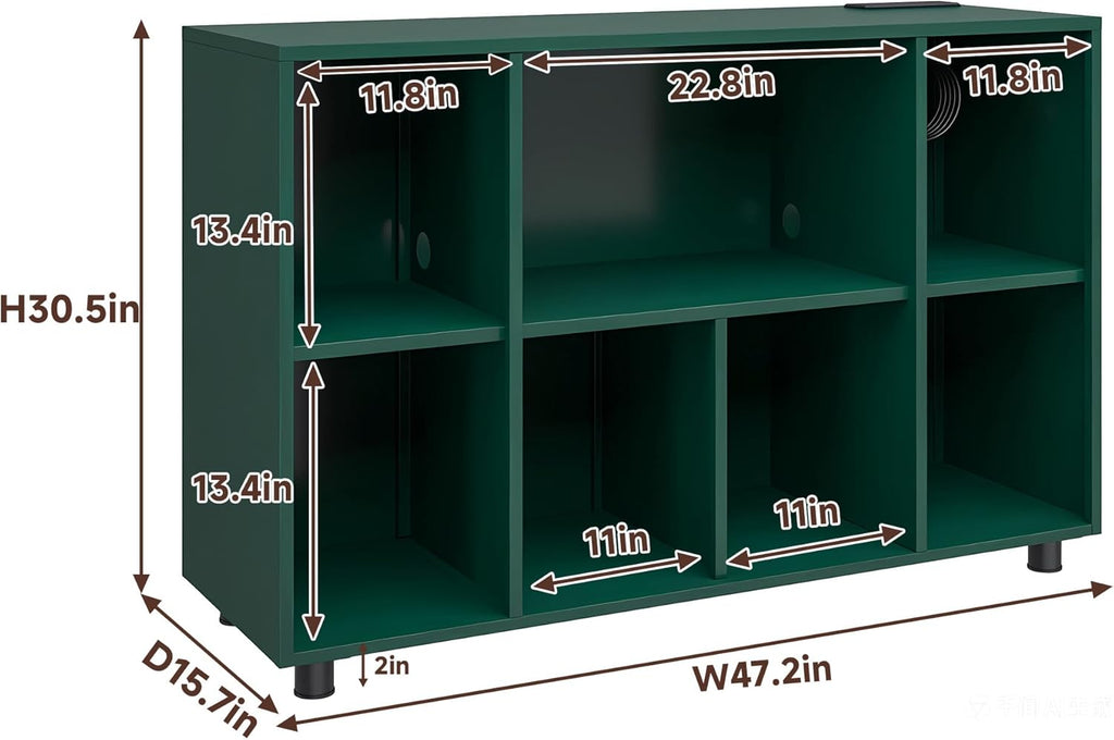 Record Player Stand with Charging Station, Green | Vinyl Record Storage Cabinet, Holds Up to 500+ Albums, Metal Turntable Stand with Large Tabletop for Music Room Studio