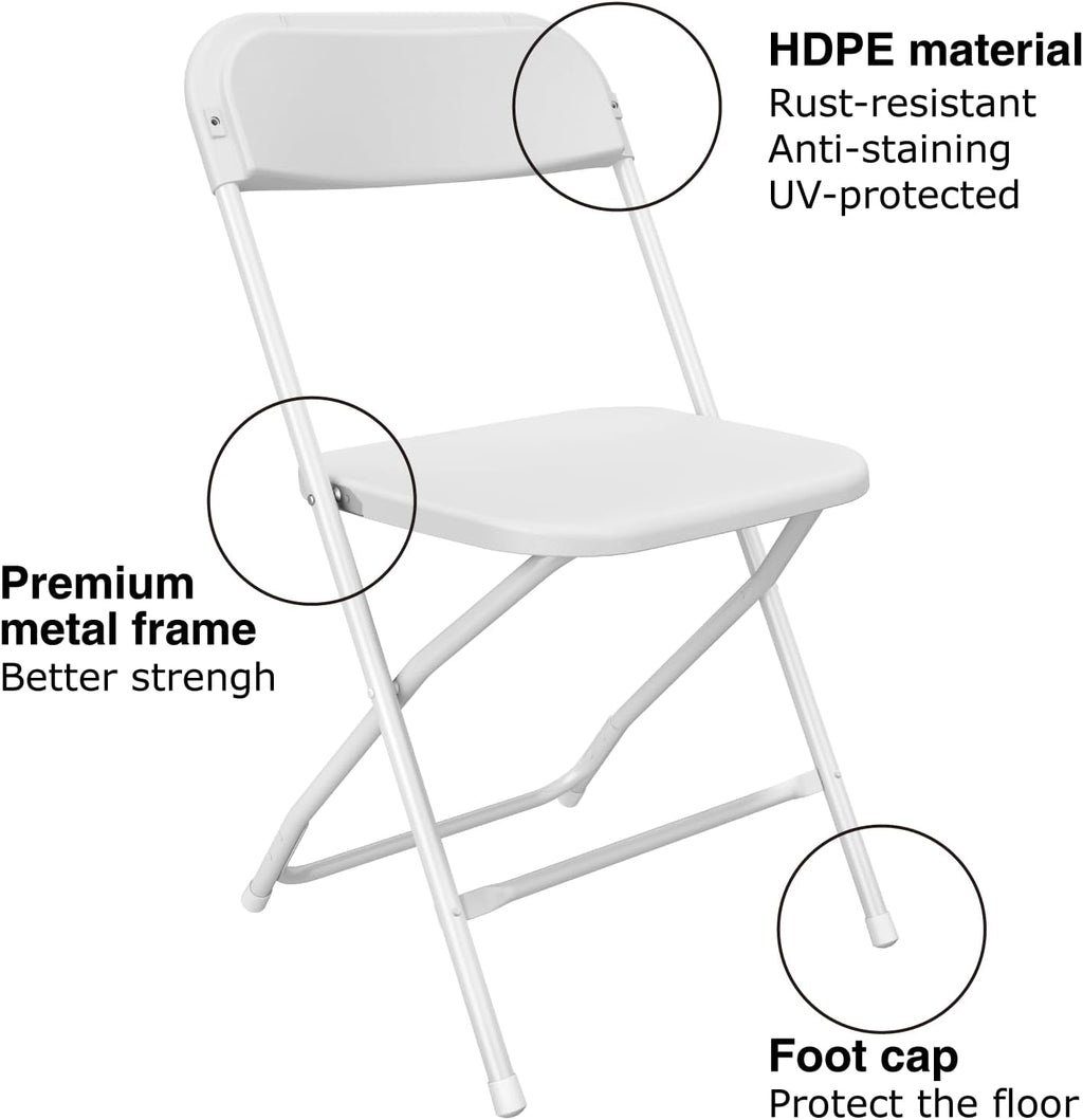 6 Pack White Folding Chairs, Portable Party Chairs, Plastic Folding Chair, Stackable Commercial Seats with Steel Frame for Office Wedding Party Patio Dinning Events, 350lbs Capacity