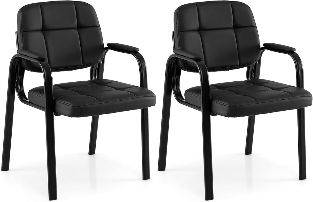 Giantex Waiting Room Guest Chairs Set of 2, Leather Office Reception Chairs with Padded Armrests, Metal Frame, Stationary Side Chairs No Wheels for Conference Meeting Lobby Home, Black