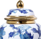 Blue and White Porcelain Vase with Gold Trim - Chinoiserie Style Ginger Jar for Vintage Home Decor, 11 Inches Tall