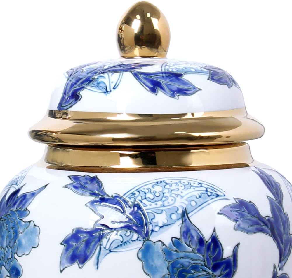 Blue and White Porcelain Vase with Gold Trim - Chinoiserie Style Ginger Jar for Vintage Home Decor, 11 Inches Tall