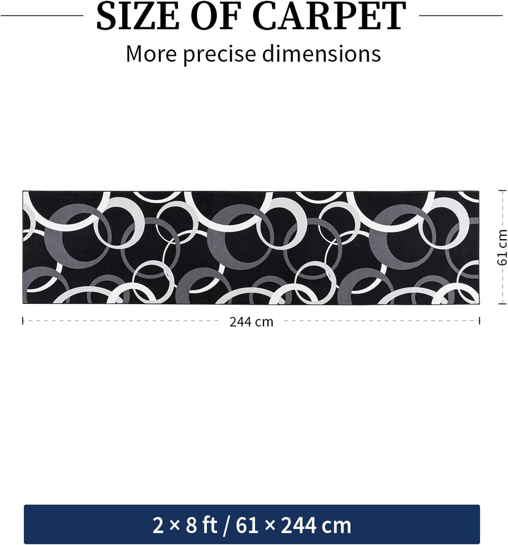 YIHOUSE Washable 2x8 Hallway Runner Rug Non Slip, Black and White 8ft Rug Runners for Bathroom Kitchen Non Skid, Geometric Circle Modern Carpet Runner for Entryway Bedroom
