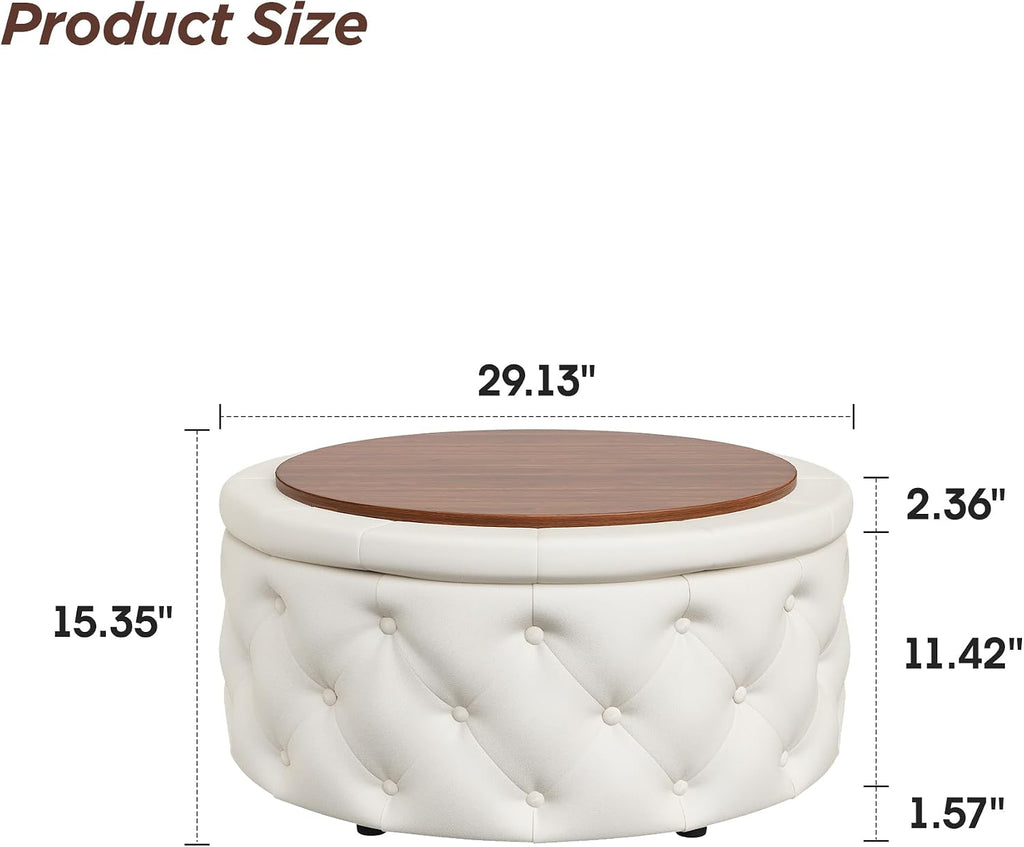 FiveWillowise 30 Inch Round Storage Ottoman, Large Circle Coffee Table with Storage Tray, Modern Button Footstool with Removable Lid,Cozy Foot Stools for Living Room, Bedroom, Makeup Room,Cream White