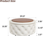 FiveWillowise 30 Inch Round Storage Ottoman, Large Circle Coffee Table with Storage Tray, Modern Button Footstool with Removable Lid,Cozy Foot Stools for Living Room, Bedroom, Makeup Room,Cream White