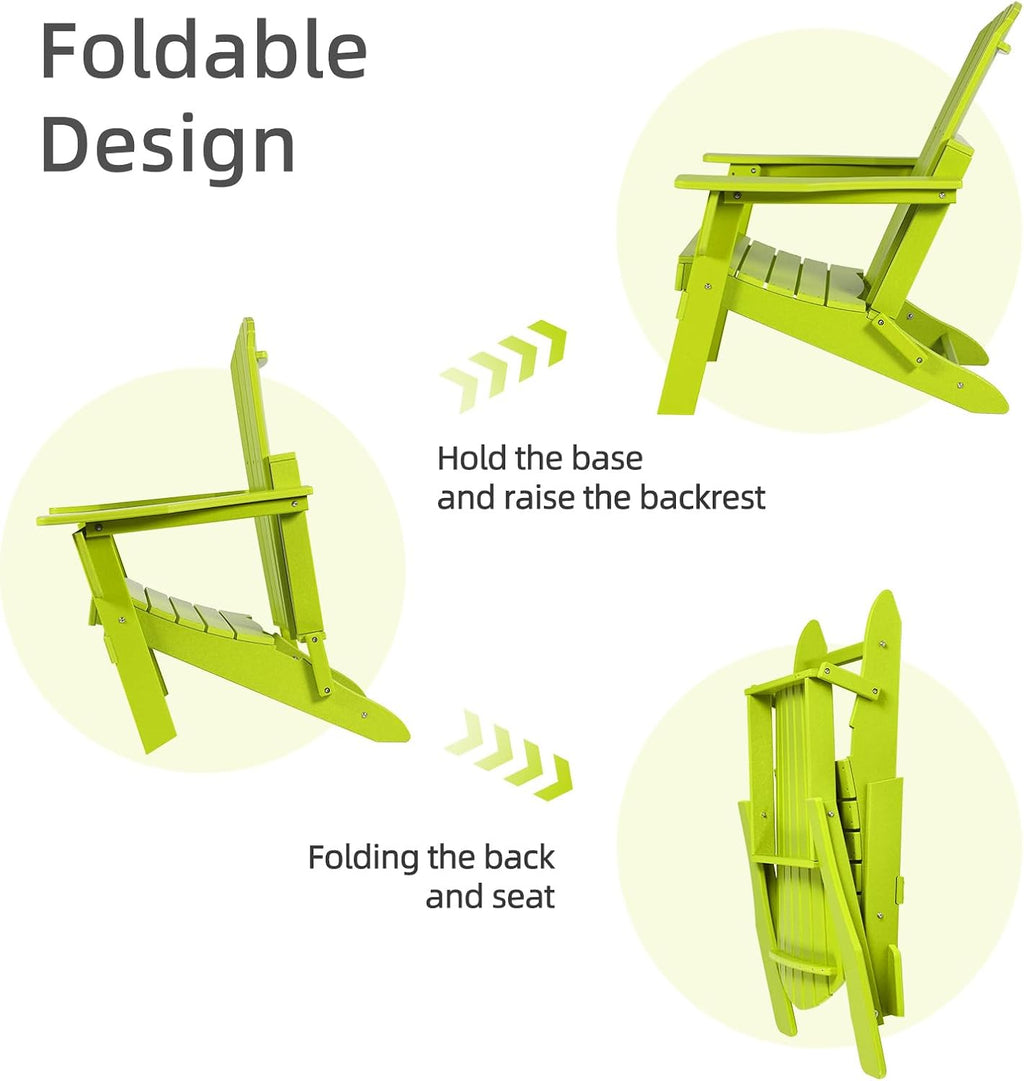 Aoodor Folding Adirondack Chair HDPE Outdoor All-Weather Chair for Patio, Garden, Backyard, Lawn, Fire Pit, Set of 2, Apple