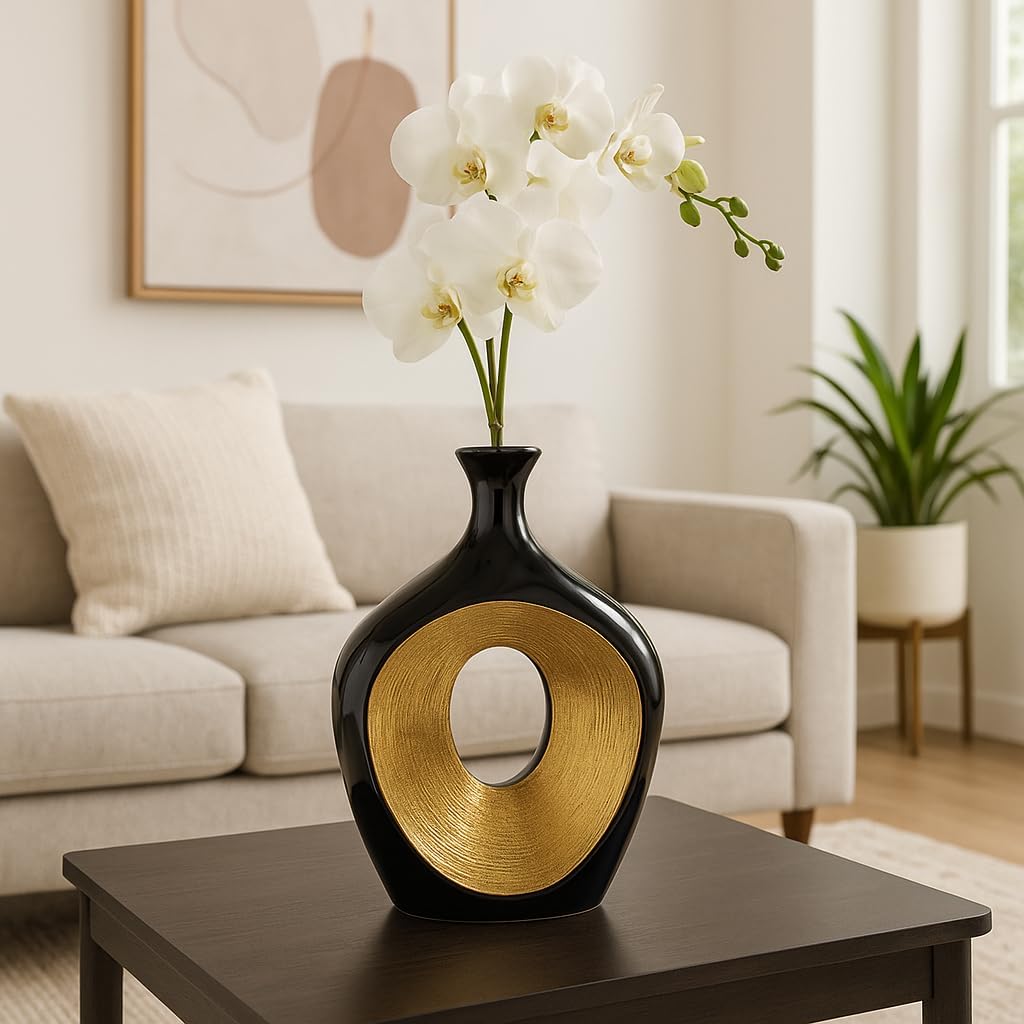 Ceramic Vase - Decorative Flower Holder for Table Decor and Centerpieces, Living Room, Office, or Entry Console, Modern Home Decor, Hollow Centerpiece Sculpture – 13", Black and Gold Finish