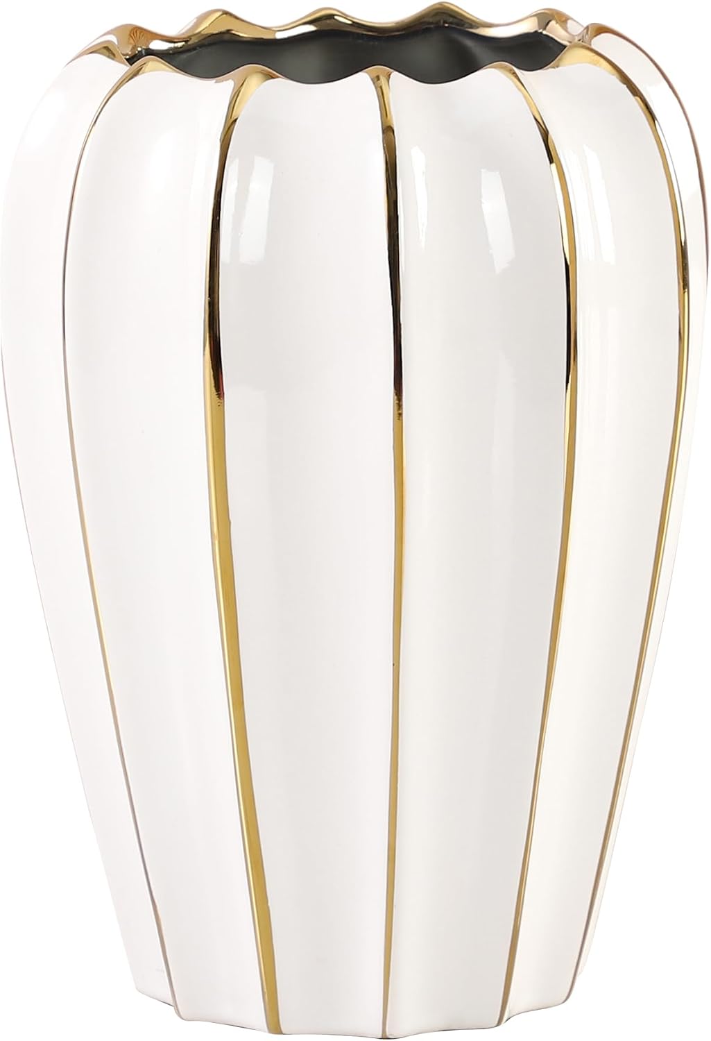 White Gold Ceramic Vase - Small Round Decorative Vase for Table Centerpieces, Wedding Decor, and Home (7.48 Inches Tall)