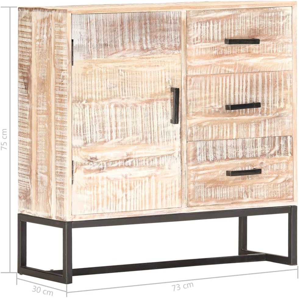 White Solid Acacia Wood Sideboard with Powder-Coated Steel Frame, 4 Storage Compartments for Living Room Dining Room Hallway Organization, Retro Style Furniture with Unique