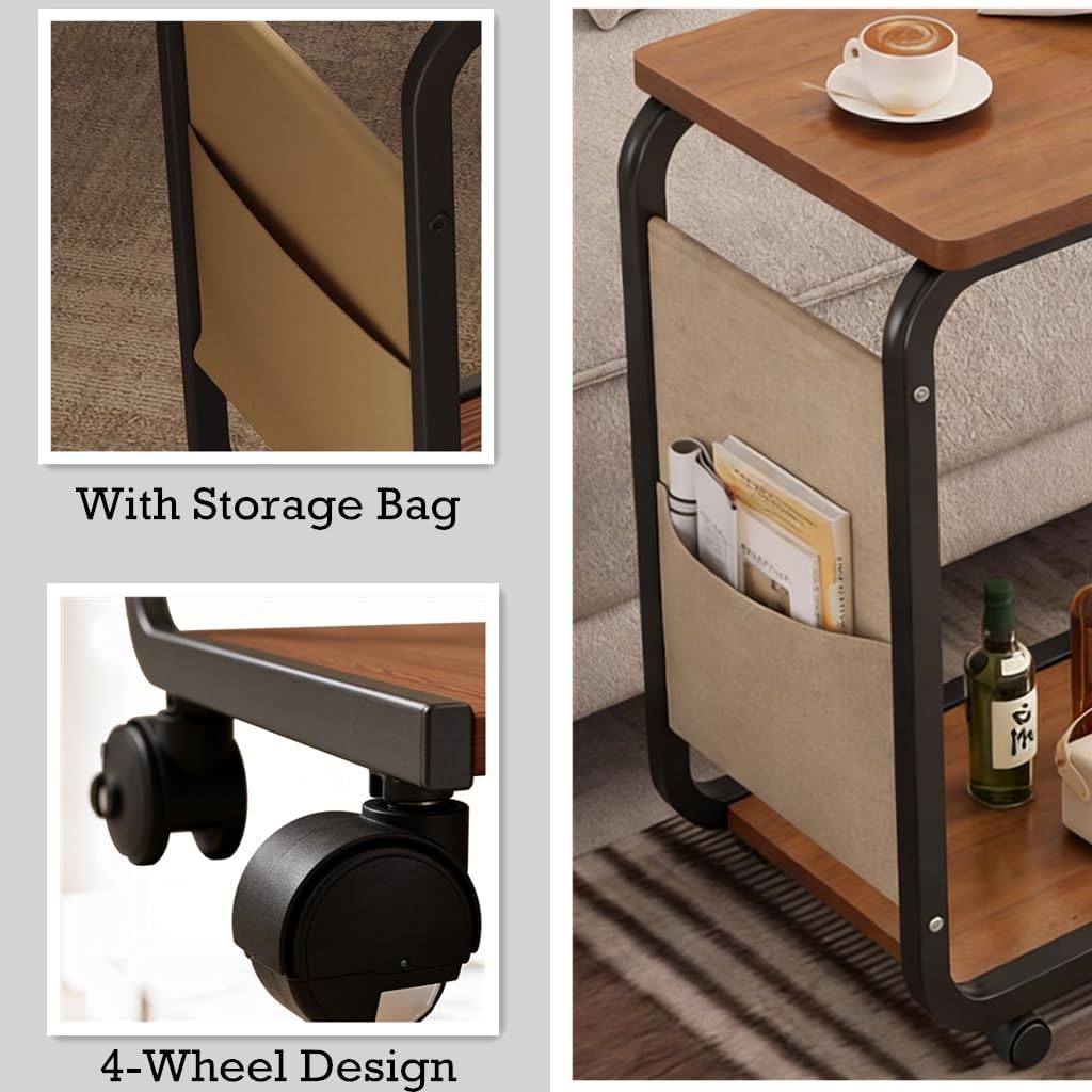 Side Table - C-Shaped End Table, Small Side Table for Couch, Sofa Bed Bathroom Study TV Tray C Shaped End Table Food Snack Trays for Eating (with Wheels)