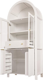 71" Tall Arched Cabinet, Modern Farmhouse Kitchen Storage Cabinet with Adjustable Shelves, Display Storage Hutch with Hidden Drawer & Glass Door for Kitchen, Living Room, Dining Room, White