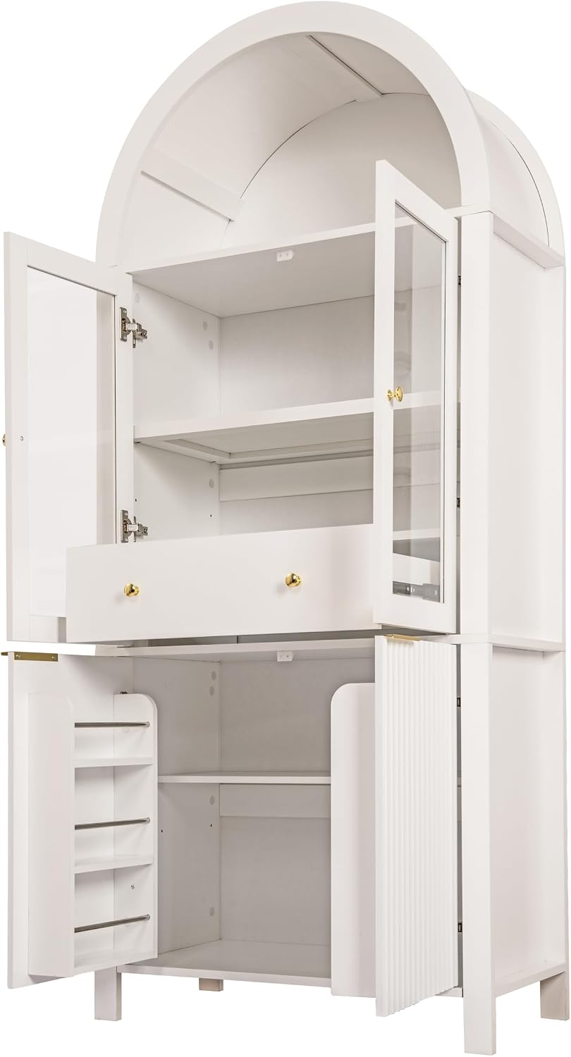 71" Tall Arched Cabinet, Modern Farmhouse Kitchen Storage Cabinet with Adjustable Shelves, Display Storage Hutch with Hidden Drawer & Glass Door for Kitchen, Living Room, Dining Room, White