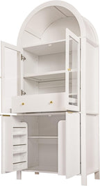 Fluted Tall Arched Pantry Cabinet with Adjustable Shelves & Hidden Drawer - Glass Door Storage for Kitchen, Living Room, Dining Room - Modern Elegant Display Unit (White)
