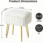 FUXA Vanity Stool Chair with Storage, White Faux Fur Makeup Chair with 4 Metal Legs and Anti-Slip Feet, Soft Padded Seat, Small Footrest Footstool Ottoman, Multifunctional Stool for Bedroom