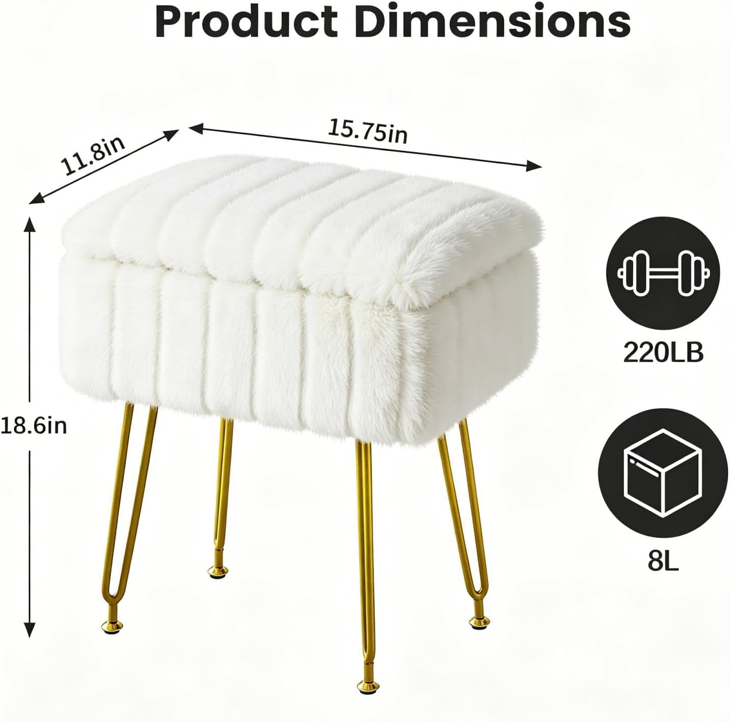FUXA Vanity Stool Chair with Storage, White Faux Fur Makeup Chair with 4 Metal Legs and Anti-Slip Feet, Soft Padded Seat, Small Footrest Footstool Ottoman, Multifunctional Stool for Bedroom