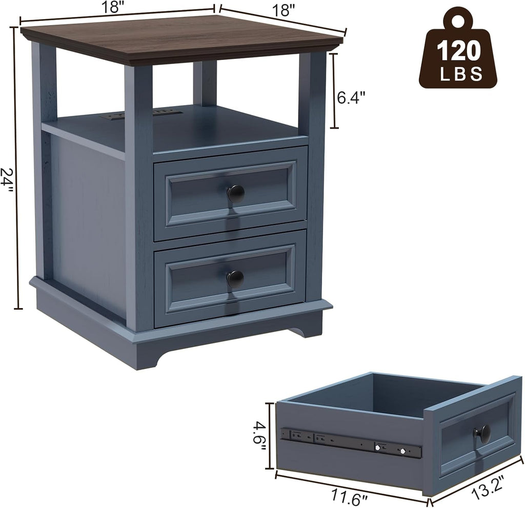 REDAYFUR End Table with Fast USB C Charging Station, 18" Wide Tall Sofa Side Table with 2 Drawers, Large Storage Rustic Wood Square Storage Cabinet for Living Room, Bedroom, Office, Blue