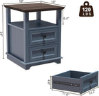 REDAYFUR End Table with Fast USB C Charging Station, 18" Wide Tall Sofa Side Table with 2 Drawers, Large Storage Rustic Wood Square Storage Cabinet for Living Room, Bedroom, Office, Blue