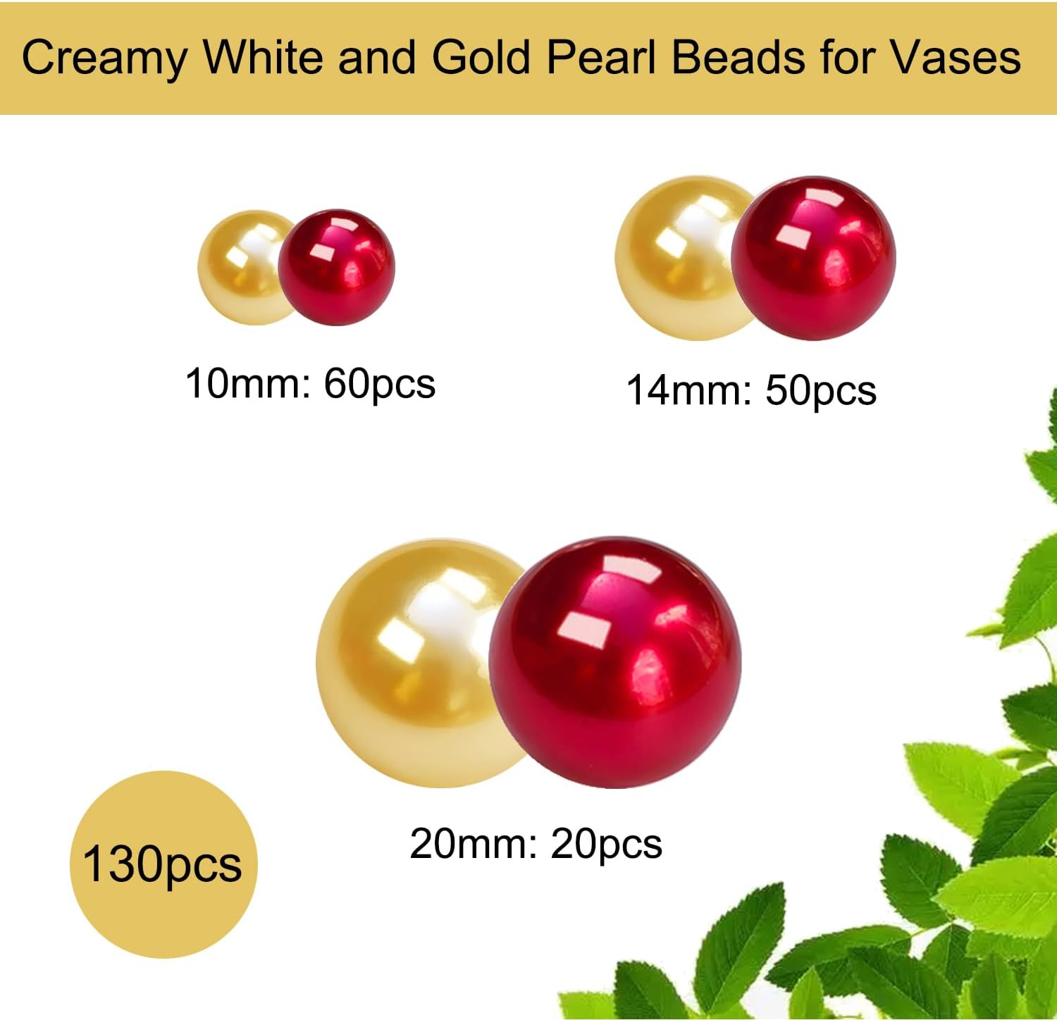 Floating Pearl for Vase Filler No Hole Floating Pearl Beads for Wedding Centerpiece Home Table Decor, Pearls for Brush Holder 130PCS (Gold, Red)
