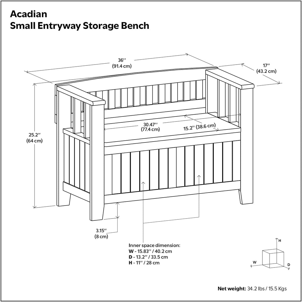SIMPLIHOME Acadian Solid Wood 36 inch Wide Small Storage Bench and 31.5 inch Wide Shoe Storage Cabinet in Brunette Brown for the Living Room, Entryway, and Family Room, Transitional Style