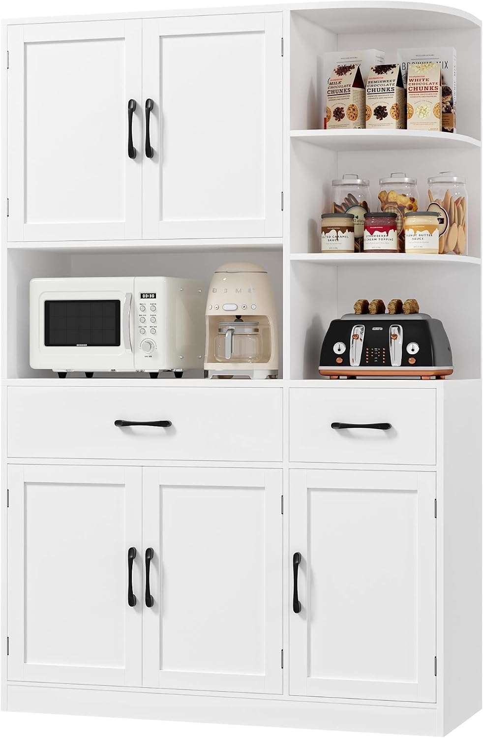 BOTLOG 67" Kitchen Pantry Cabinet, Modern Kitchen Hutch with 5 Doors and 2 Drawers, 3-Tier External Shelf, Large Pantry Storage Cabinet with Microwave Stand for Dining Room (White)