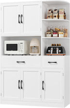 BOTLOG 67" Kitchen Pantry Cabinet, Modern Kitchen Hutch with 5 Doors and 2 Drawers, 3-Tier External Shelf, Large Pantry Storage Cabinet with Microwave Stand for Dining Room (White)