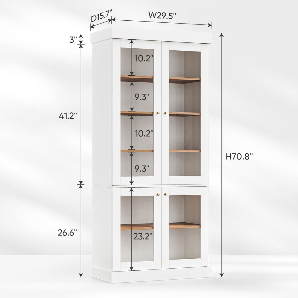 ivaniti 70.8" Tall Farmhouse Kitchen Pantry Cabinet with Glass Doors, Modular Storage Cabinet with 6-Tier Adjustable Shelves, White, Wooden Hutch for Kitchen, Living Room, Set of 2