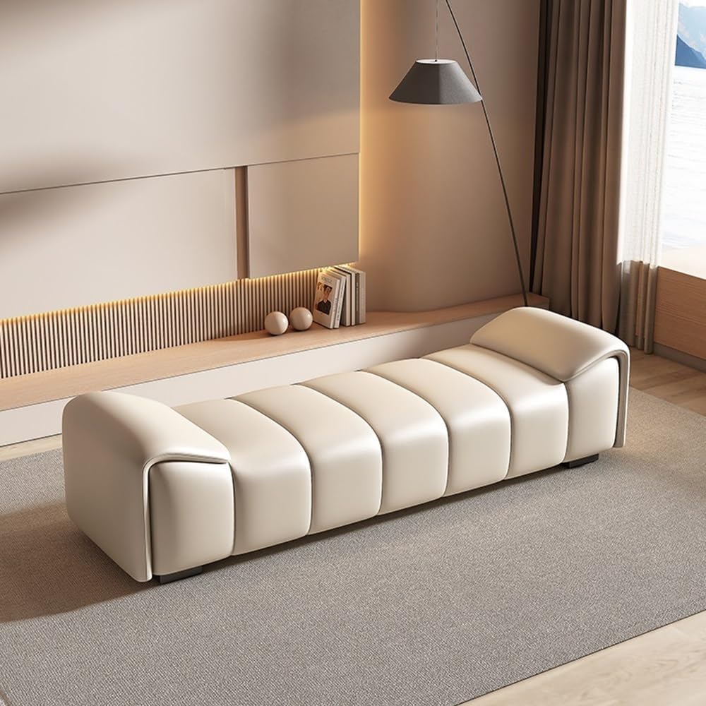 Modern Leather Bed End Stool Simple Modern Bedroom Bedside Light Luxury Cloakroom Long Bench Shoe Entryway(Cream White,Medium)