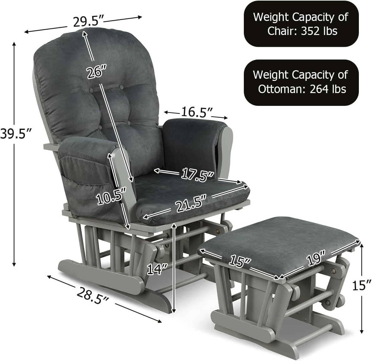 DORTALA Baby Glider Rocker with Ottoman, Multi-Position Glider with Cleanable Upholstered, Smooth Rocking Motion, Nursery Glider & Ottoman Sets for Nursing Baby, Reading, Grey