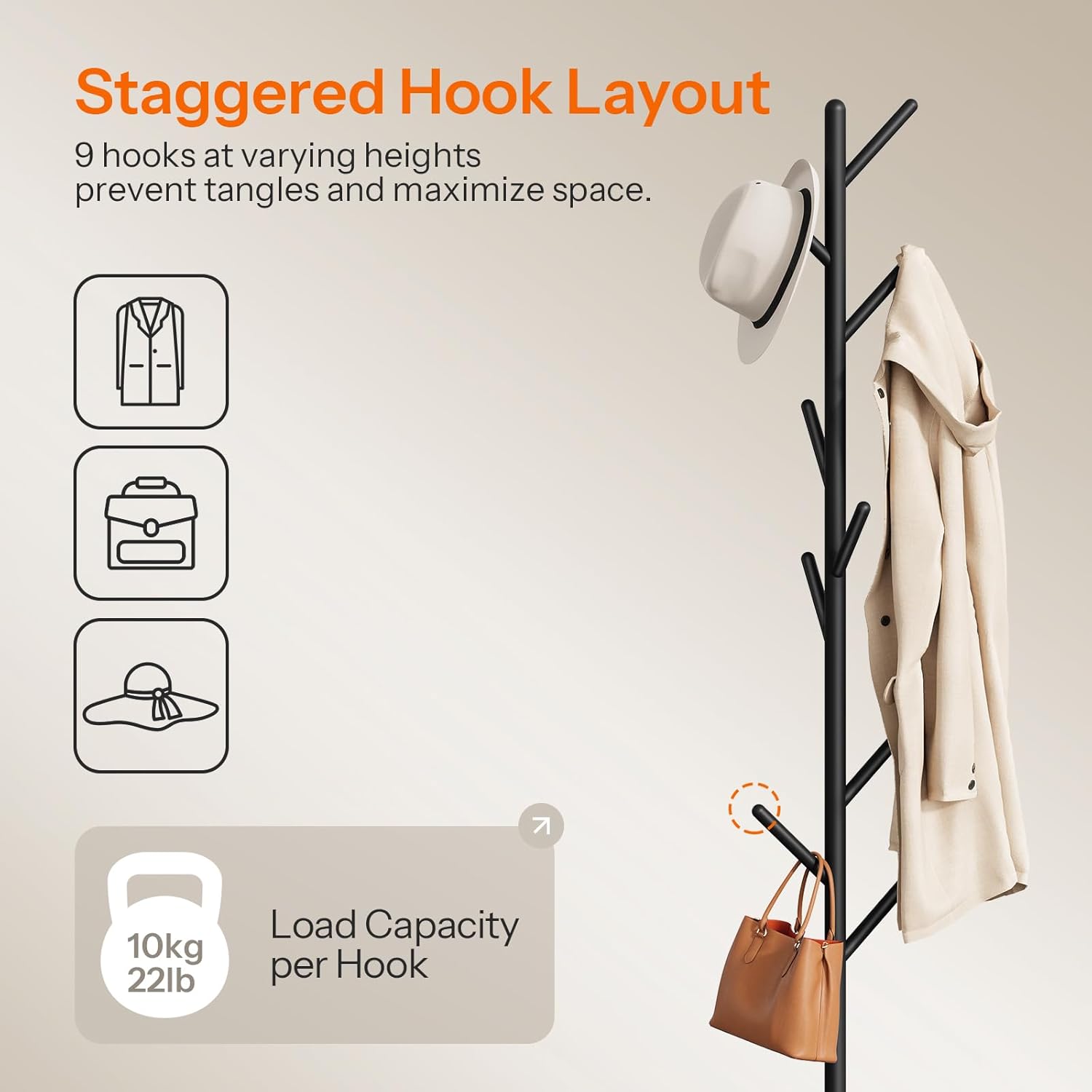 HOOBRO Coat Rack Stand with 9 Hooks, Metal Freestanding Coat Tree with Wooden Base, Heavy Duty Hall Tree for Entryway, Space Saving Coat Hanger Stand with Thickened Base, Rustic Brown BF11YM01