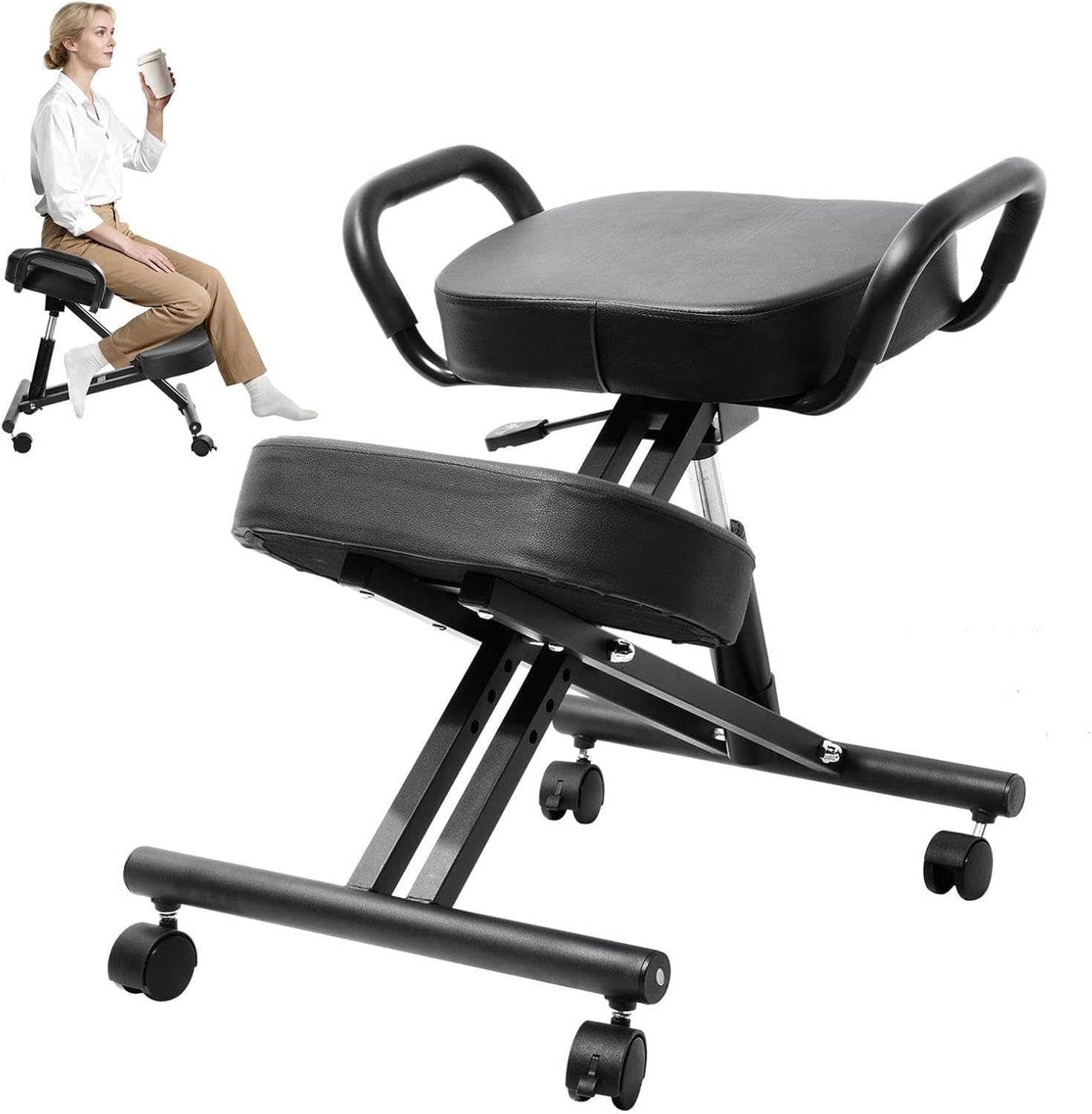 Ergonomic Kneeling Chair, Kneeling Chair with Locking Wheels, Adjustable Height Support Chairs, PU Computer Kneel Chairs for Living Room