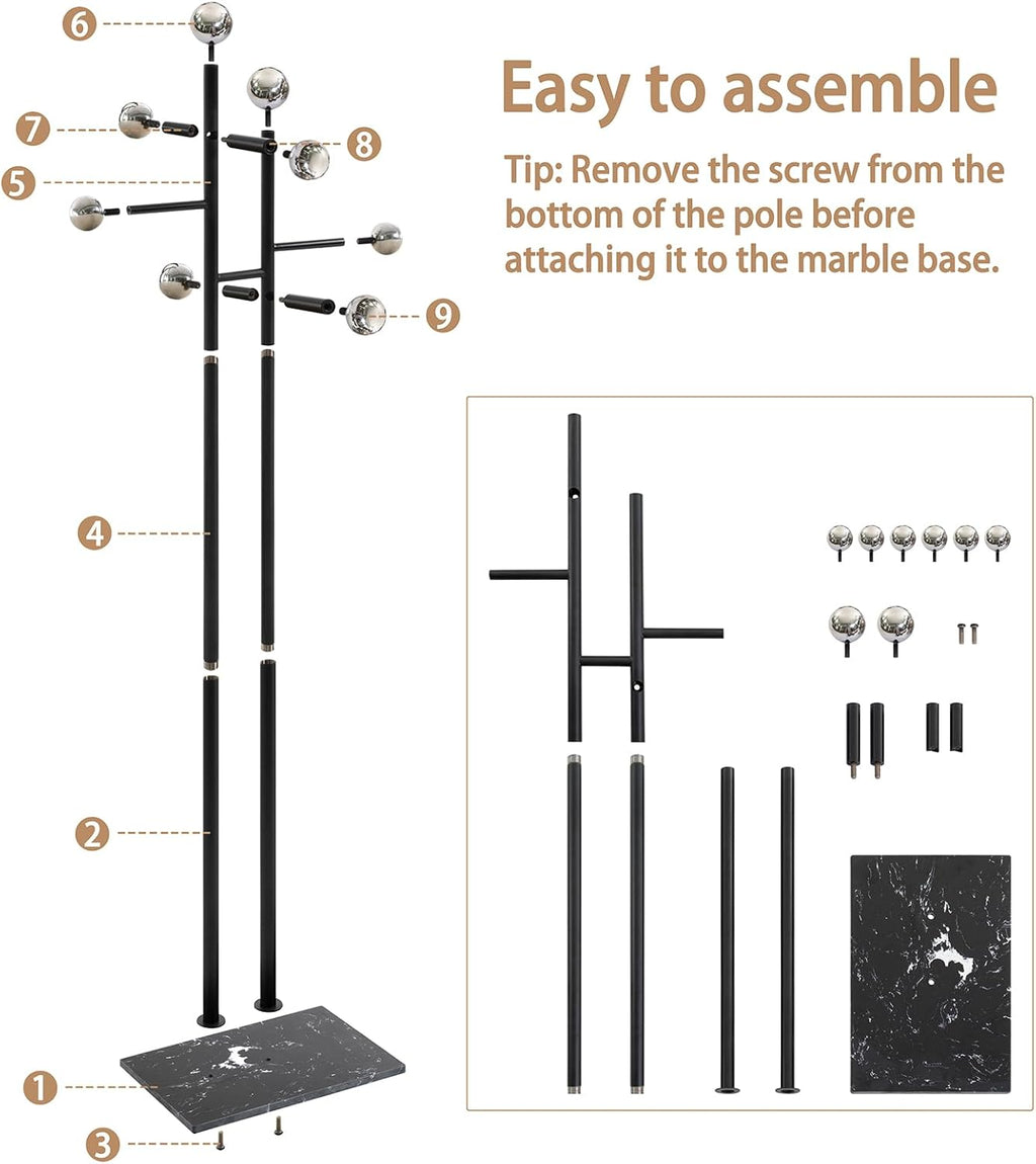 JIAYUEJU Coat Rack Freestanding with Marble Base, Heavy Duty Metal Clothes Rack, Corner Coat Tree Hat Rack for Entryway Bedroom Living Room Hotel 14.96 x 10.24 x 68.9 Inches (Black)