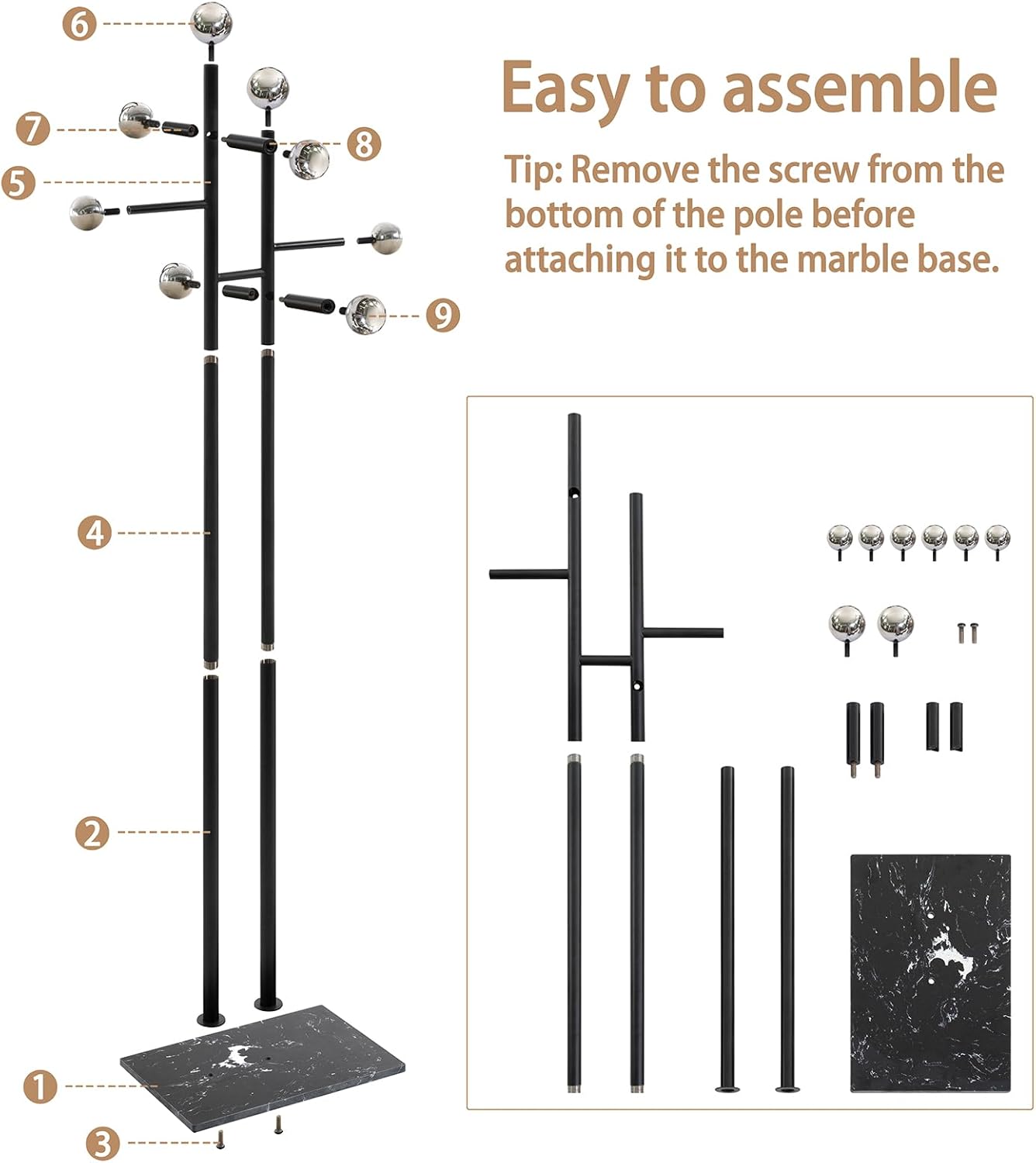 JIAYUEJU Coat Rack Freestanding with Marble Base, Heavy Duty Metal Clothes Rack, Corner Coat Tree Hat Rack for Entryway Bedroom Living Room Hotel 14.96 x 10.24 x 68.9 Inches (Black)