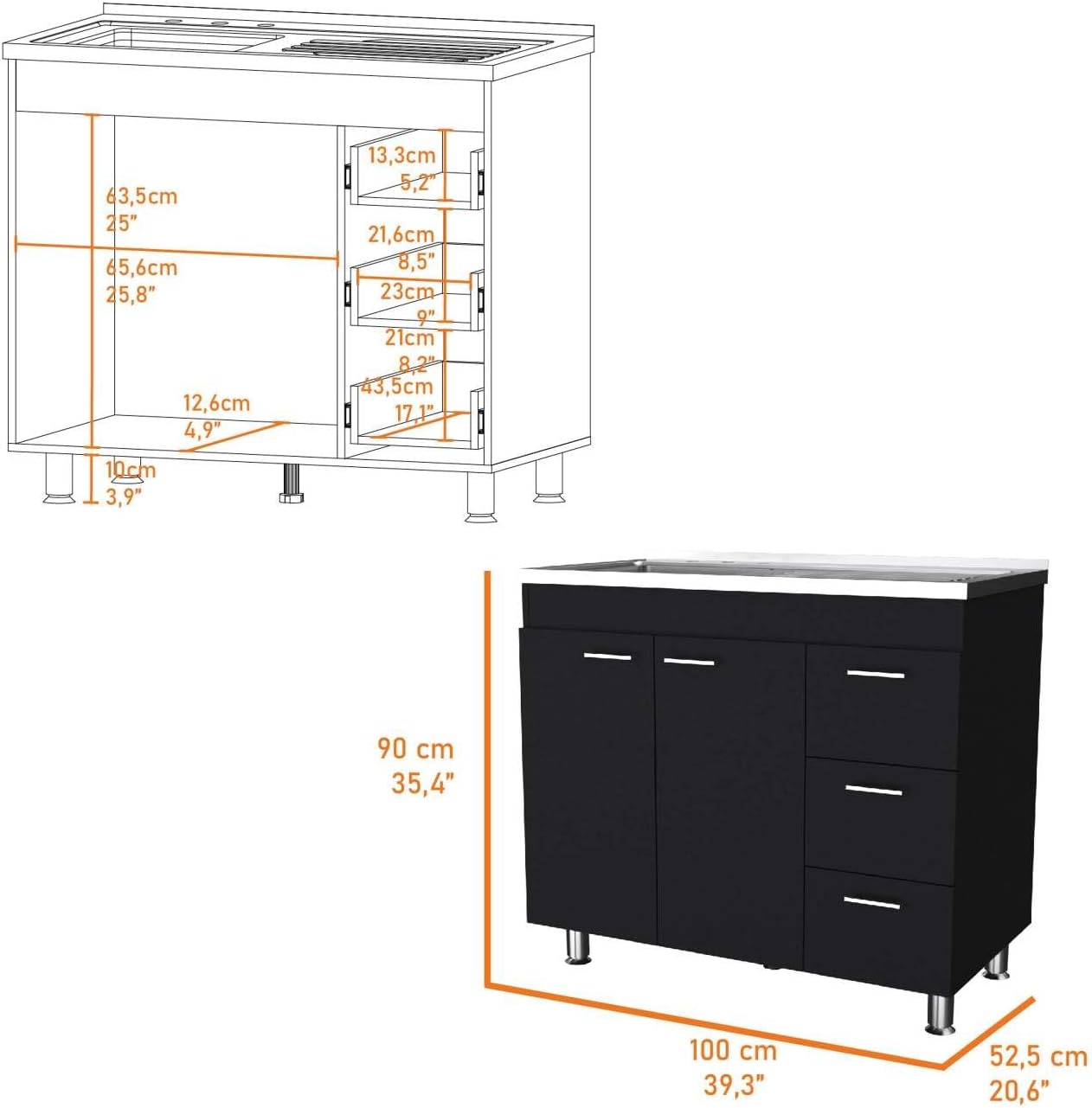 Black 2-Door 3-Drawer Kitchen Cabinet