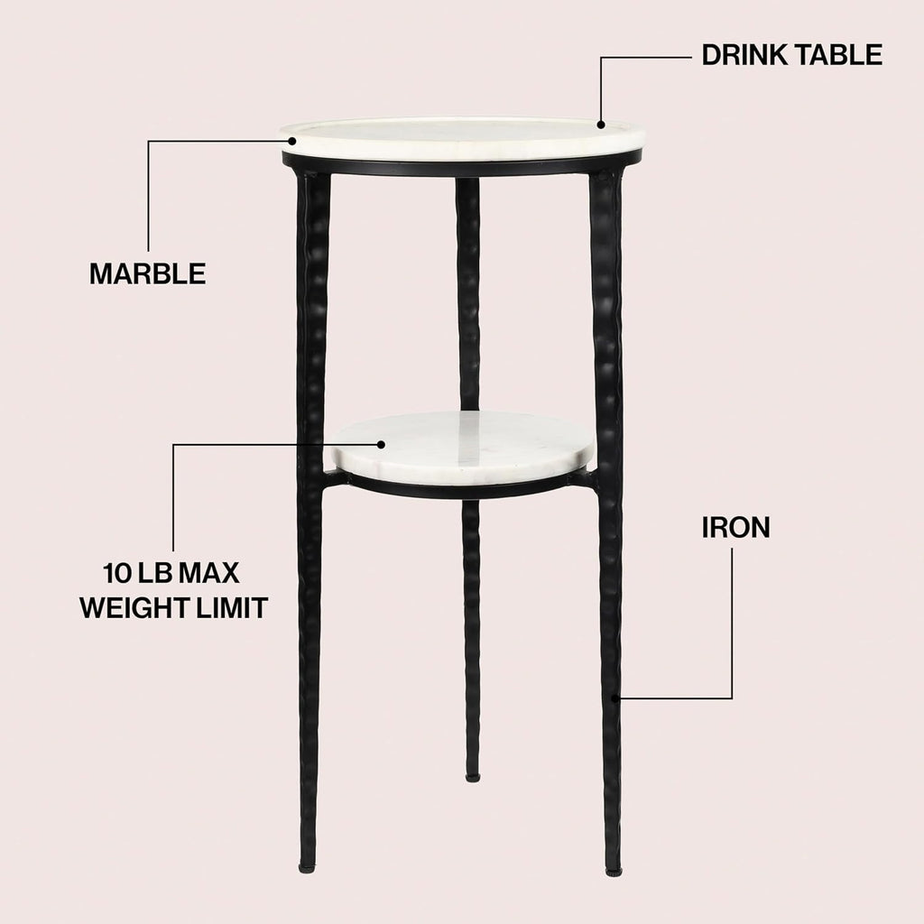 JONATHAN Y Seraphina Round White Marble and Metal Drink Table, 2-Tier Small Side End Table for Living Room and Small Spaces, Modern Martini Pedestal Accent with Textured Legs END3004A