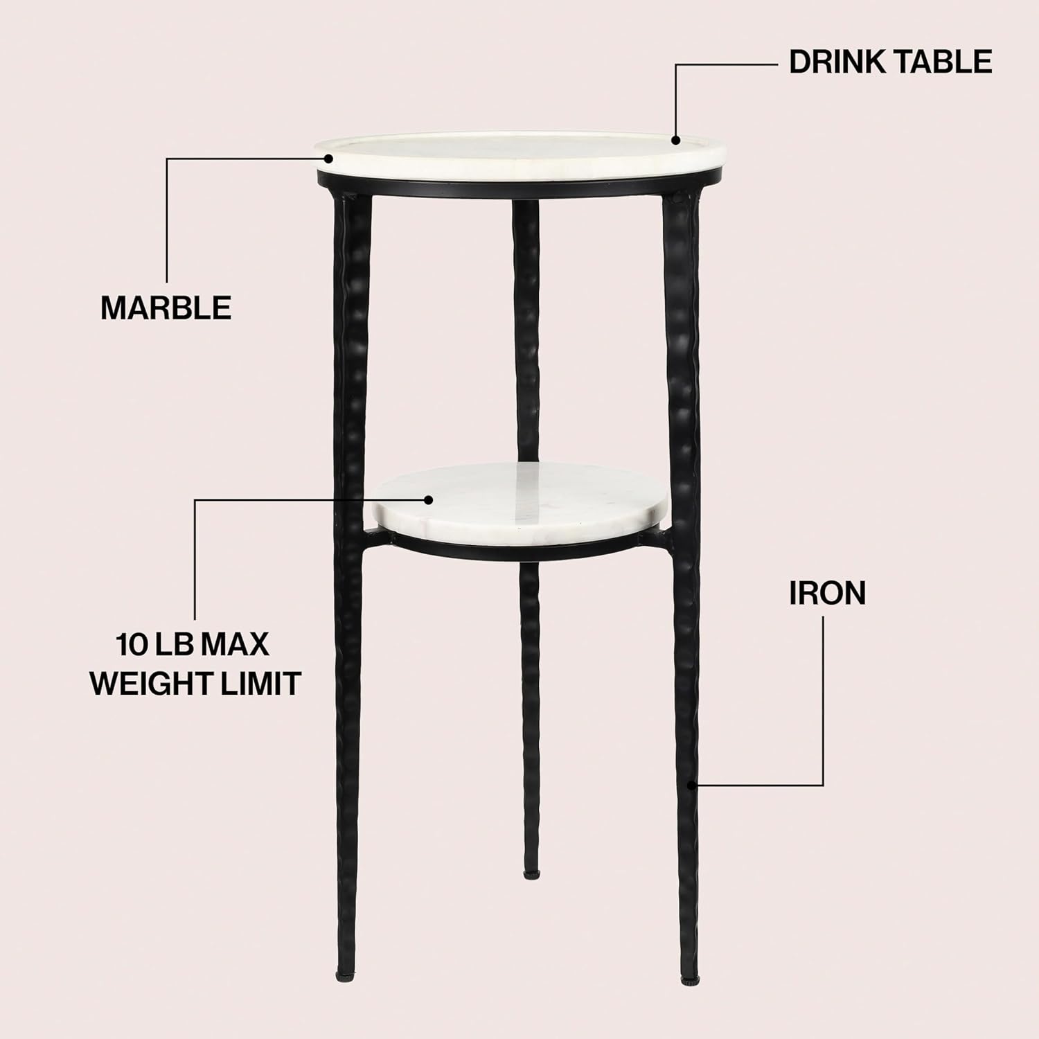 JONATHAN Y Seraphina Round White Marble and Metal Drink Table, 2-Tier Small Side End Table for Living Room and Small Spaces, Modern Martini Pedestal Accent with Textured Legs END3004A