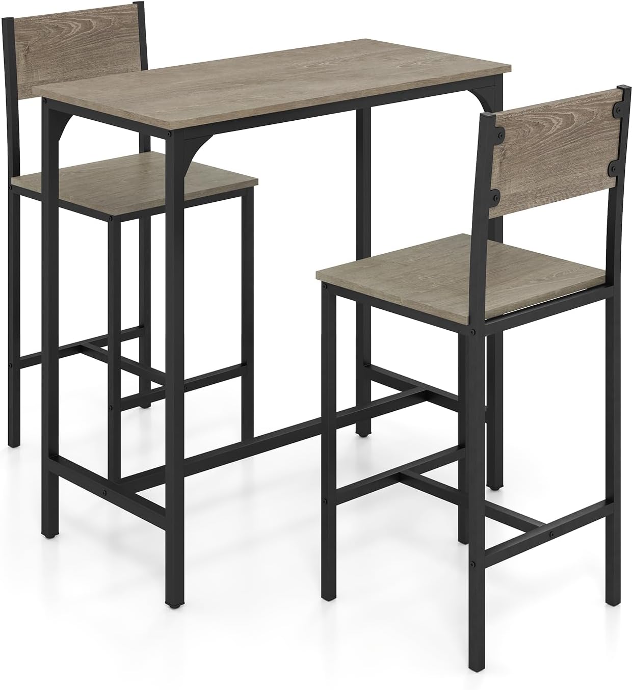 GOFLAME 3-Piece Bar Table Set, Counter Height Pub Table & 2 Barstools with Metal Frame, Industrial Space Saving Dining Set for Kitchen, Dining Room, Bistro, Restaurant, Small Space, Grey
