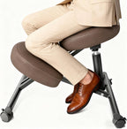 PU Leather Ergonomic Kneeling Chair, Adjustable Home and Office Stool with Thick Pads and Flexible Lockable Brake Wheels for Back Pain Relief（Coffee Brown）
