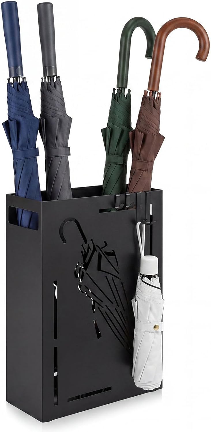 Goplus Metal Umbrella Holder, Rectangular Indoor Umbrella Stand Freestanding w/Removable Drip Tray, 4 Hanging Hooks, Heavy-Duty Umbrella Holders for Entryway, Home Office, 11 x 5 x 16 Inch, Black