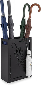 Goplus Metal Umbrella Holder, Rectangular Indoor Umbrella Stand Freestanding w/Removable Drip Tray, 4 Hanging Hooks, Heavy-Duty Umbrella Holders for Entryway, Home Office, 11 x 5 x 16 Inch, Black